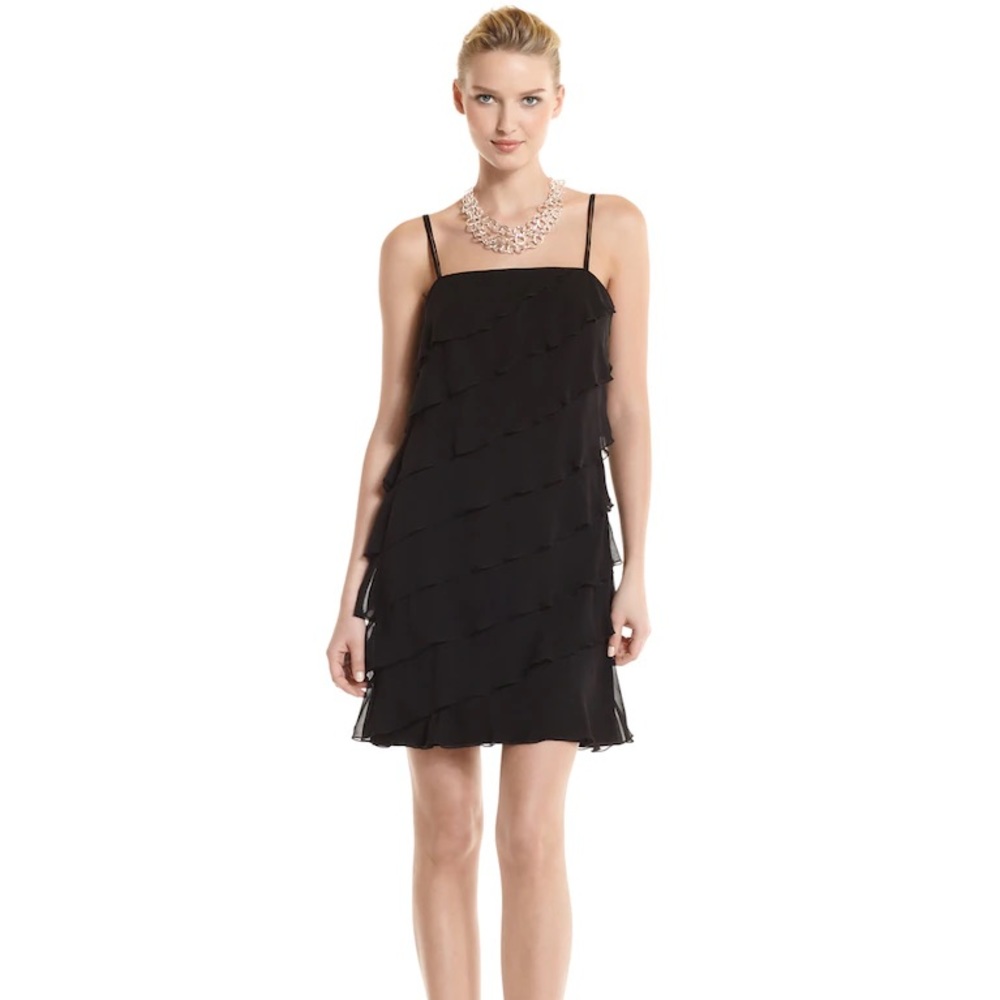 White House Black Market Dress Size 10 Black Ruffle Waterfall spaghettiStrap NWT